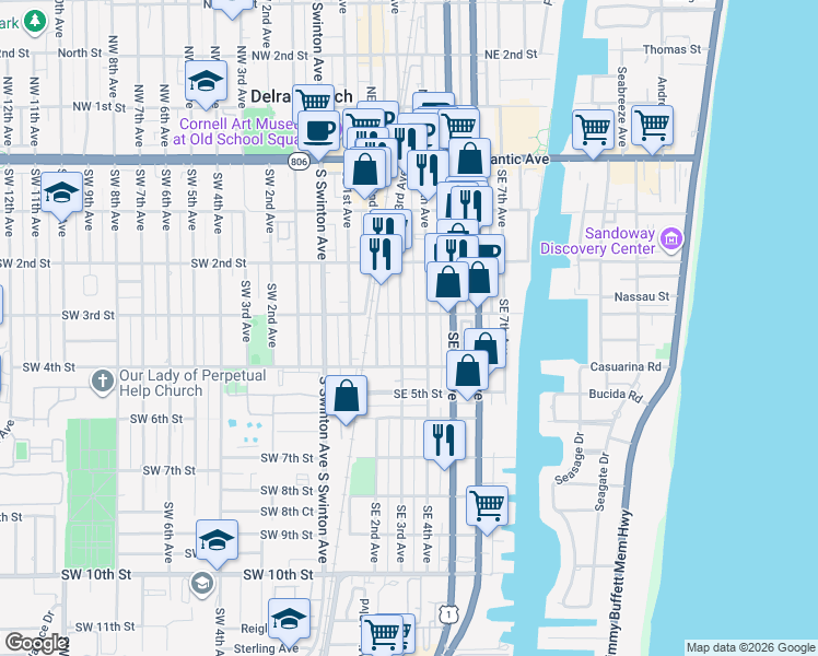 map of restaurants, bars, coffee shops, grocery stores, and more near 318 Southeast 3rd Avenue in Delray Beach