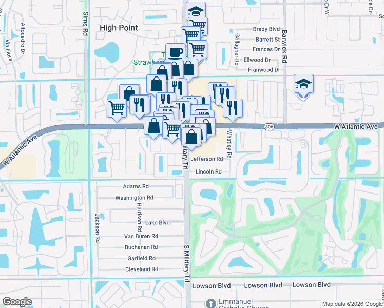 map of restaurants, bars, coffee shops, grocery stores, and more near 14888 South Military Trail in Delray Beach