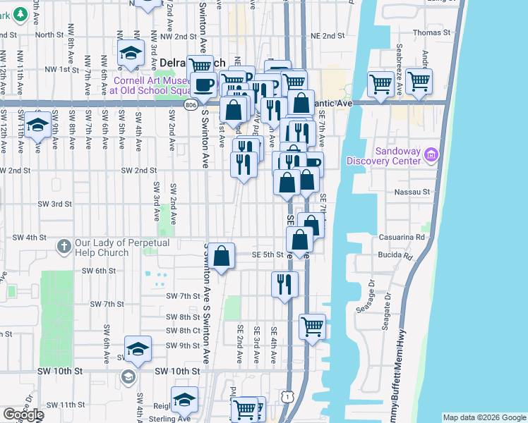 map of restaurants, bars, coffee shops, grocery stores, and more near 318 Southeast 3rd Avenue in Delray Beach