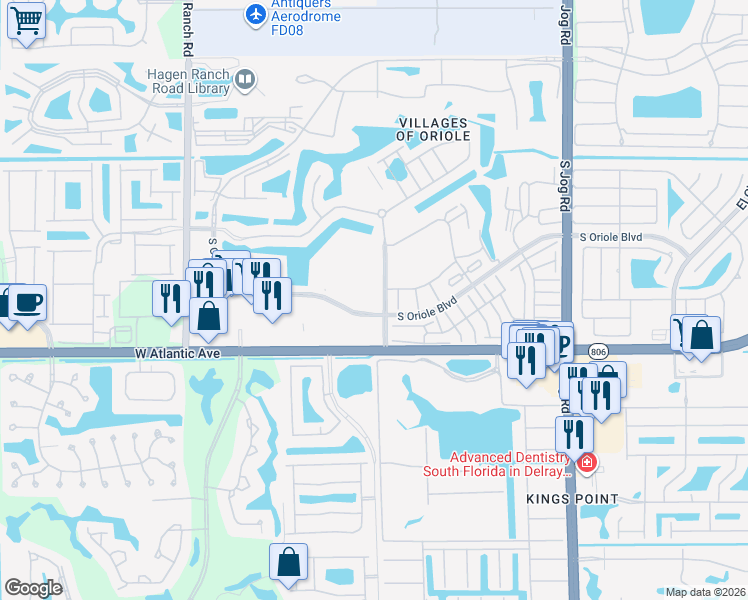 map of restaurants, bars, coffee shops, grocery stores, and more near 6525 South Oriole Boulevard in Delray Beach