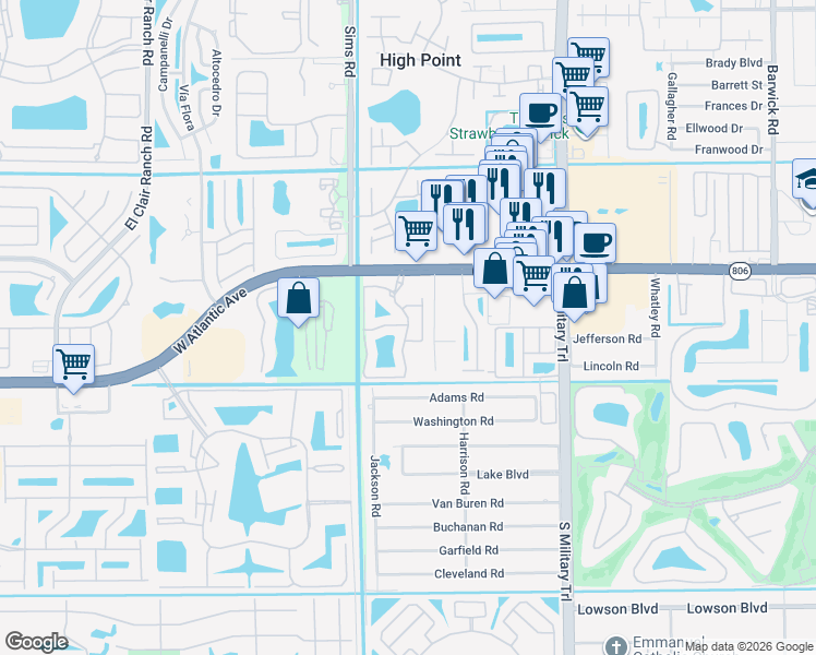 map of restaurants, bars, coffee shops, grocery stores, and more near Enclave Lakes Drive in Delray Beach