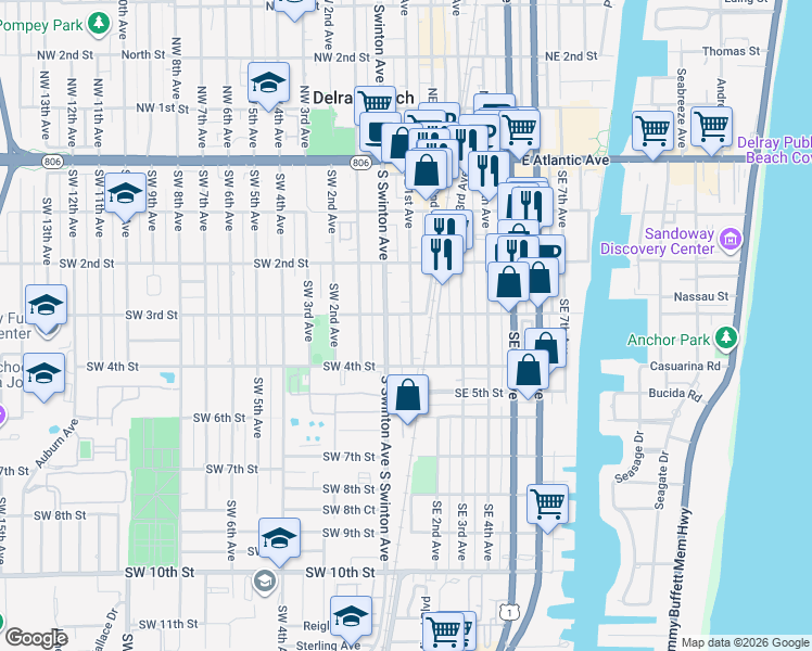 map of restaurants, bars, coffee shops, grocery stores, and more near 301 Southeast 1st Avenue in Delray Beach
