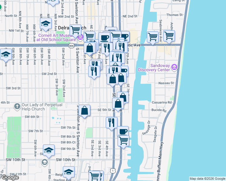 map of restaurants, bars, coffee shops, grocery stores, and more near 318 Southeast 5th Avenue in Delray Beach
