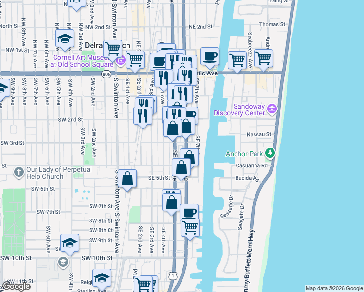 map of restaurants, bars, coffee shops, grocery stores, and more near 335 East Mallory Circle in Delray Beach