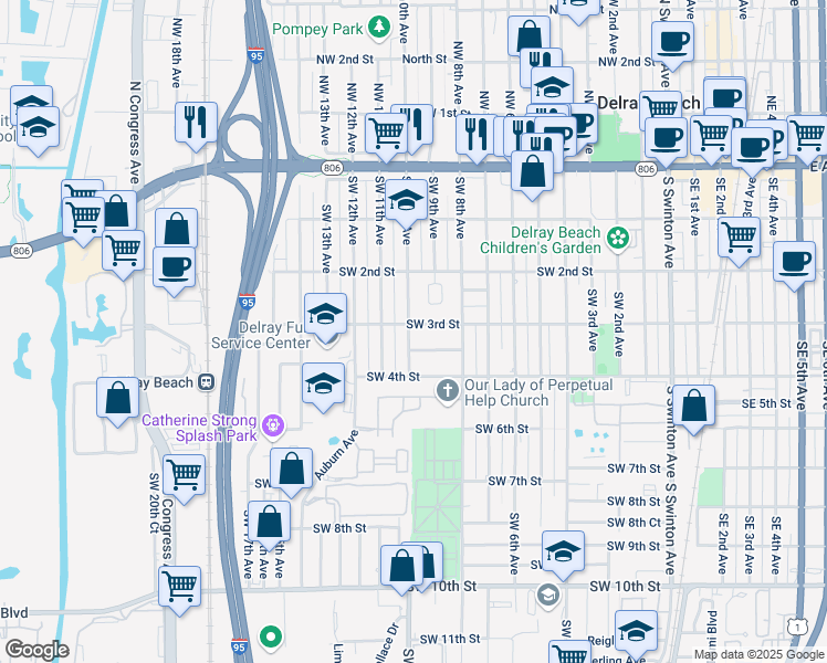 map of restaurants, bars, coffee shops, grocery stores, and more near 305 Southwest 10th Avenue in Delray Beach