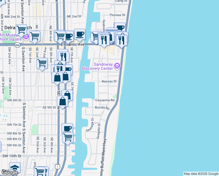 map of restaurants, bars, coffee shops, grocery stores, and more near 303 Gleason Street in Delray Beach