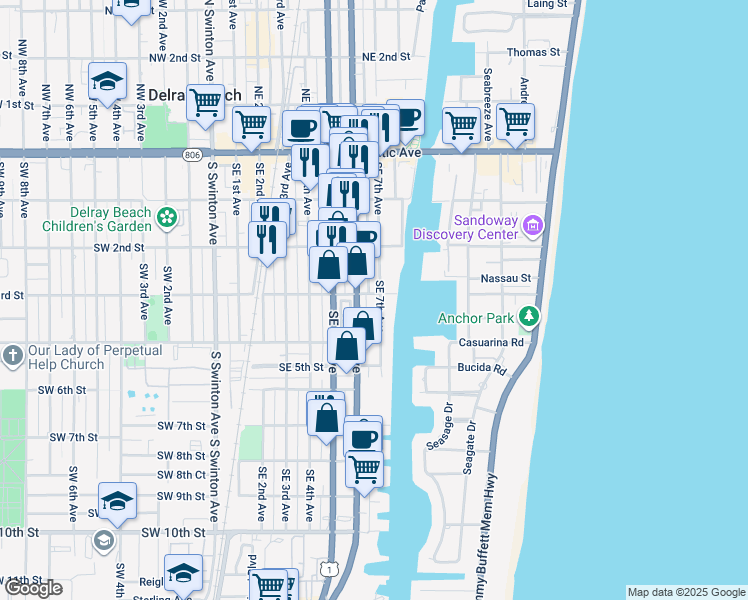 map of restaurants, bars, coffee shops, grocery stores, and more near 315 Southeast 7th Avenue in Delray Beach