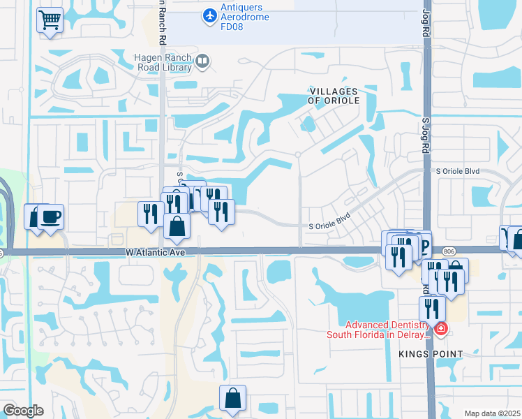 map of restaurants, bars, coffee shops, grocery stores, and more near South Oriole Boulevard in Delray Beach