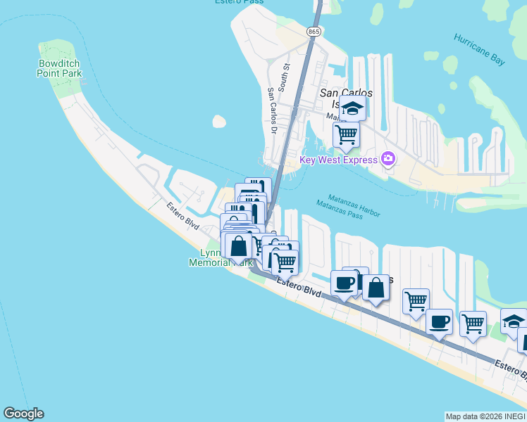 map of restaurants, bars, coffee shops, grocery stores, and more near 1047 Second Street in Fort Myers Beach