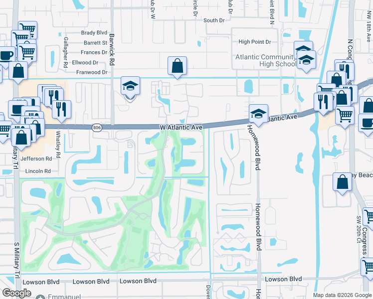 map of restaurants, bars, coffee shops, grocery stores, and more near 3510 Glenwood Court in Delray Beach