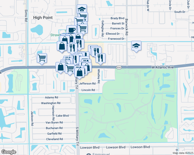 map of restaurants, bars, coffee shops, grocery stores, and more near 14803 Whatley Road in Delray Beach