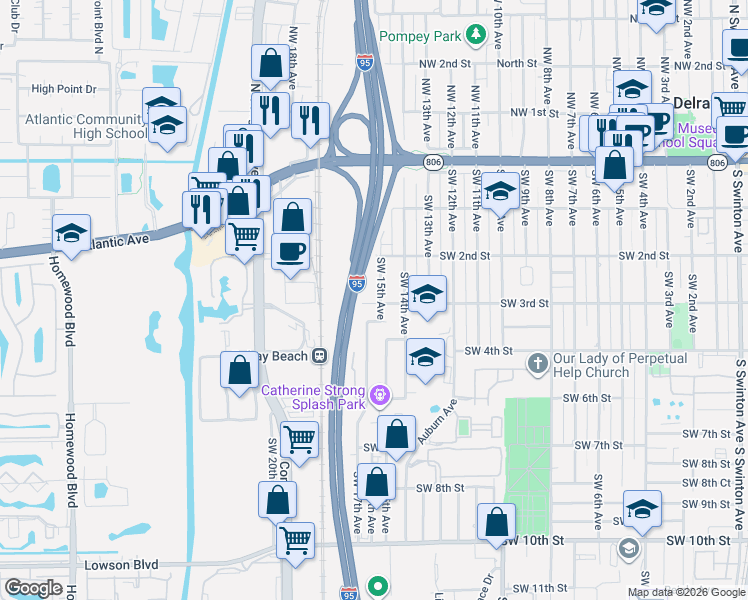 map of restaurants, bars, coffee shops, grocery stores, and more near 225 Southwest 15th Avenue in Delray Beach