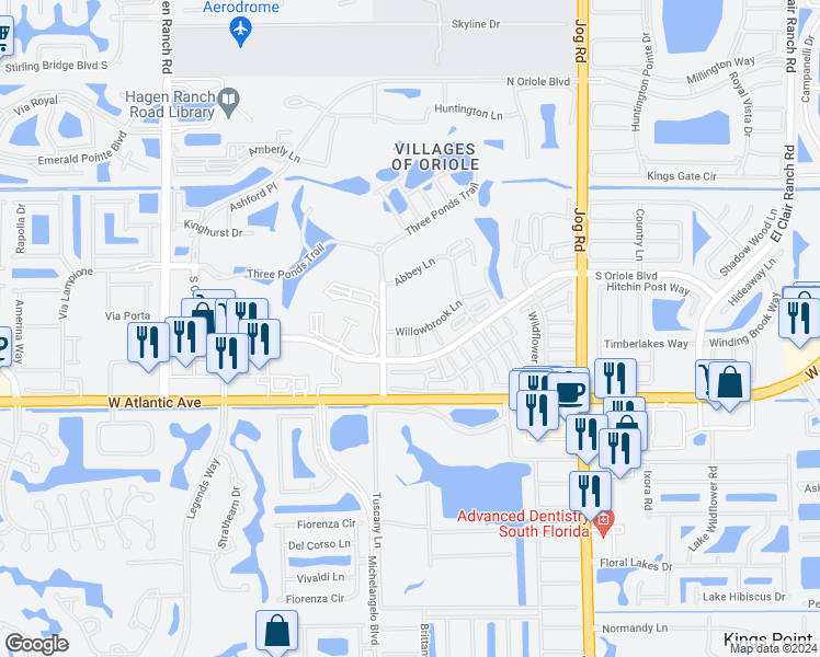 map of restaurants, bars, coffee shops, grocery stores, and more near 15 Willowbrook Lane in Delray Beach