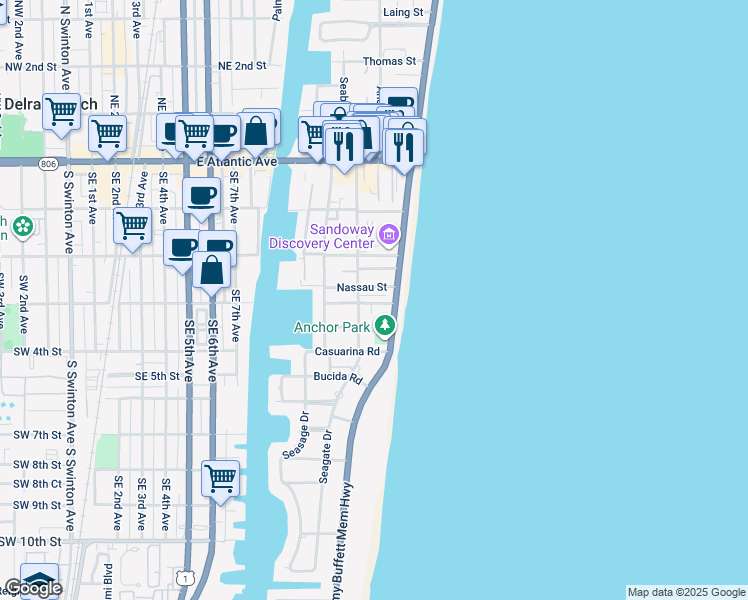 map of restaurants, bars, coffee shops, grocery stores, and more near 1127 Nassau Street in Delray Beach