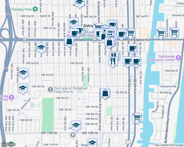 map of restaurants, bars, coffee shops, grocery stores, and more near 221 Southwest 2nd Avenue in Delray Beach