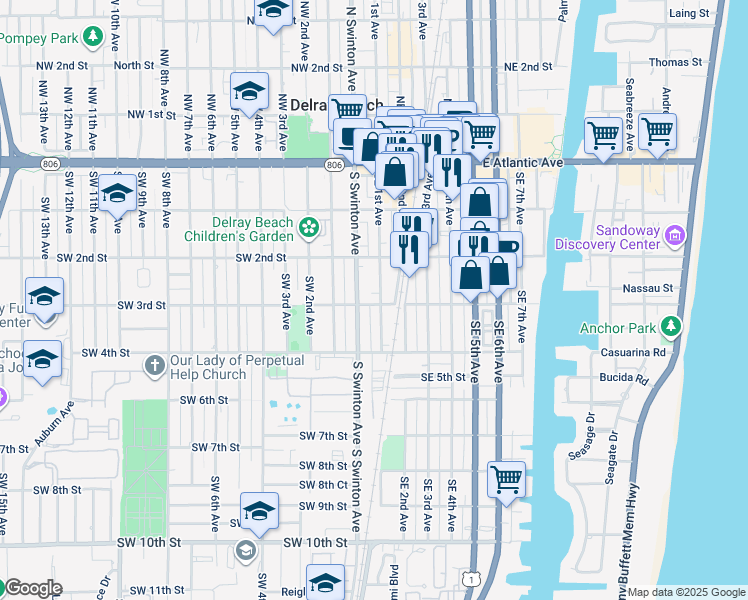 map of restaurants, bars, coffee shops, grocery stores, and more near 264 Southeast 2nd Avenue in Delray Beach