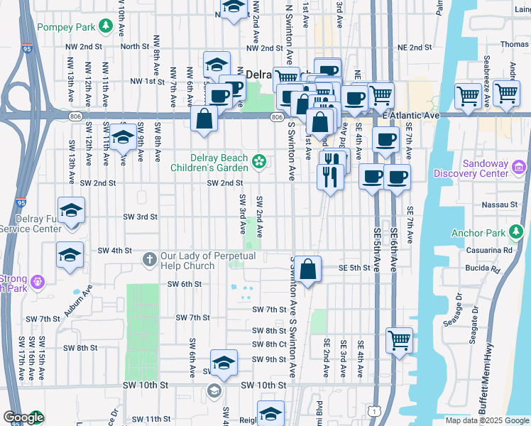 map of restaurants, bars, coffee shops, grocery stores, and more near 221 Southwest 2nd Avenue in Delray Beach