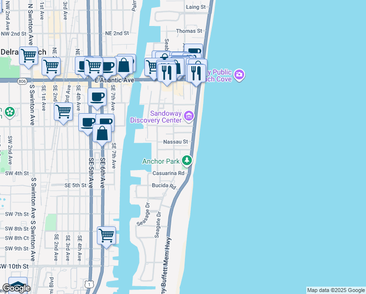 map of restaurants, bars, coffee shops, grocery stores, and more near 250 South Ocean Boulevard in Delray Beach