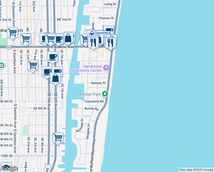 map of restaurants, bars, coffee shops, grocery stores, and more near 1127 Nassau Street in Delray Beach