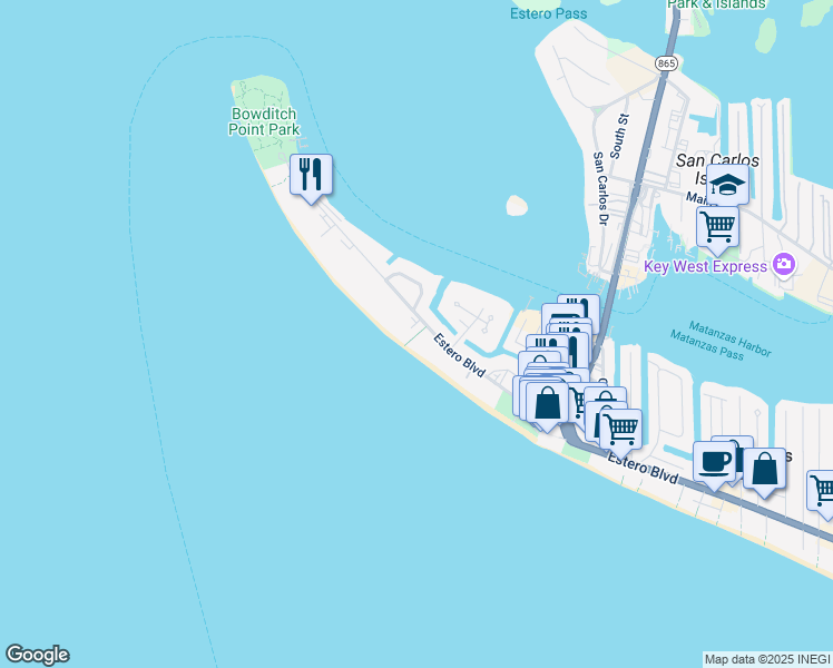 map of restaurants, bars, coffee shops, grocery stores, and more near 582 Estero Boulevard in Fort Myers Beach