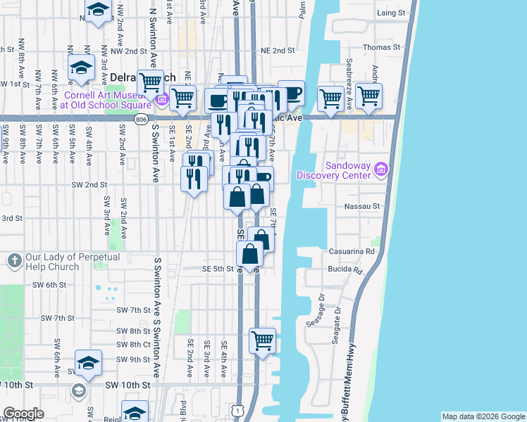 map of restaurants, bars, coffee shops, grocery stores, and more near 285 Southeast 6th Avenue in Delray Beach