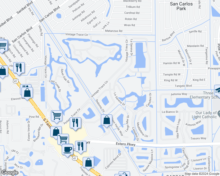 map of restaurants, bars, coffee shops, grocery stores, and more near 19761 Playa Bonita Court in Fort Myers