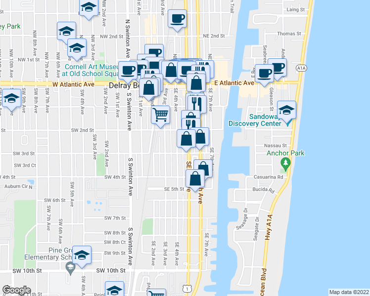 map of restaurants, bars, coffee shops, grocery stores, and more near 211 Southeast 4th Avenue in Delray Beach