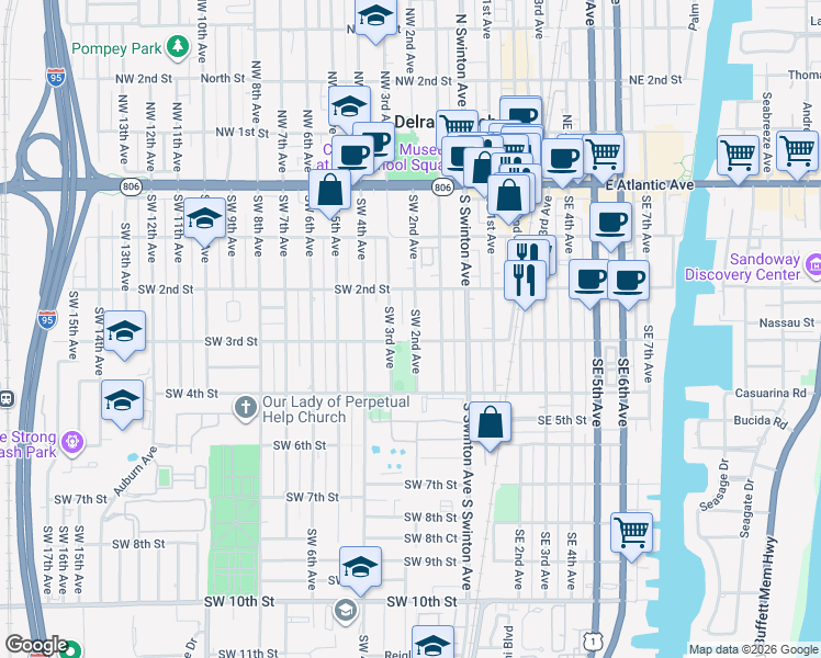 map of restaurants, bars, coffee shops, grocery stores, and more near 221 Southwest 2nd Avenue in Delray Beach