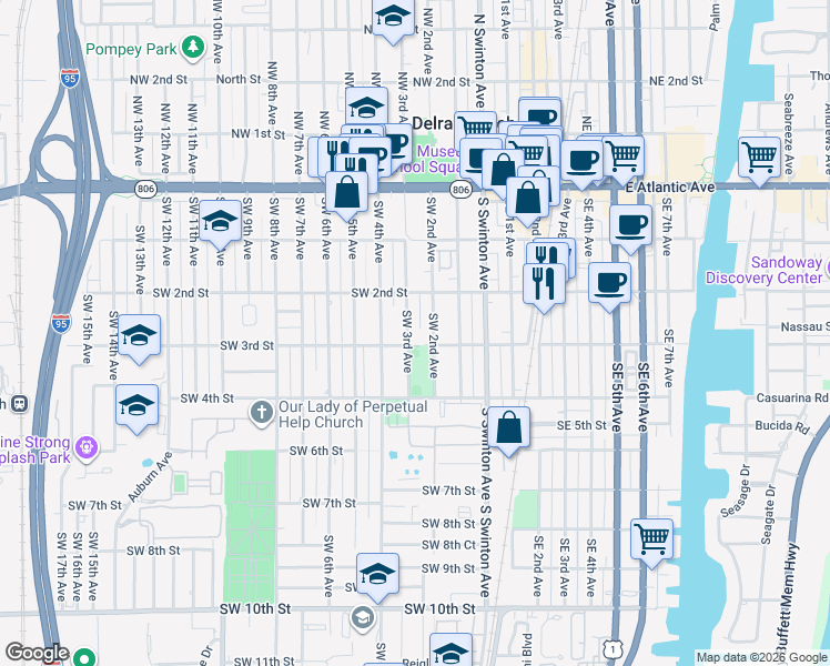 map of restaurants, bars, coffee shops, grocery stores, and more near 227 Southwest 3rd Avenue in Delray Beach