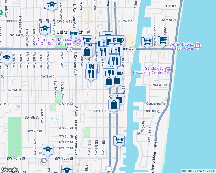 map of restaurants, bars, coffee shops, grocery stores, and more near 211 Southeast 4th Avenue in Delray Beach