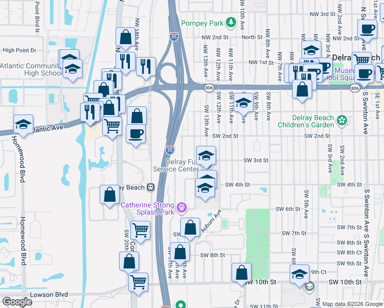 map of restaurants, bars, coffee shops, grocery stores, and more near 225 Southwest 15th Avenue in Delray Beach