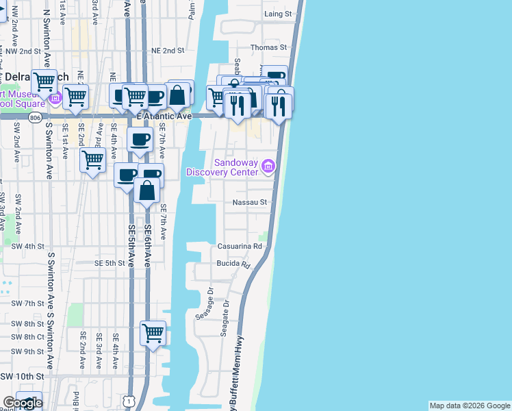 map of restaurants, bars, coffee shops, grocery stores, and more near 1112 Nassau Street in Delray Beach