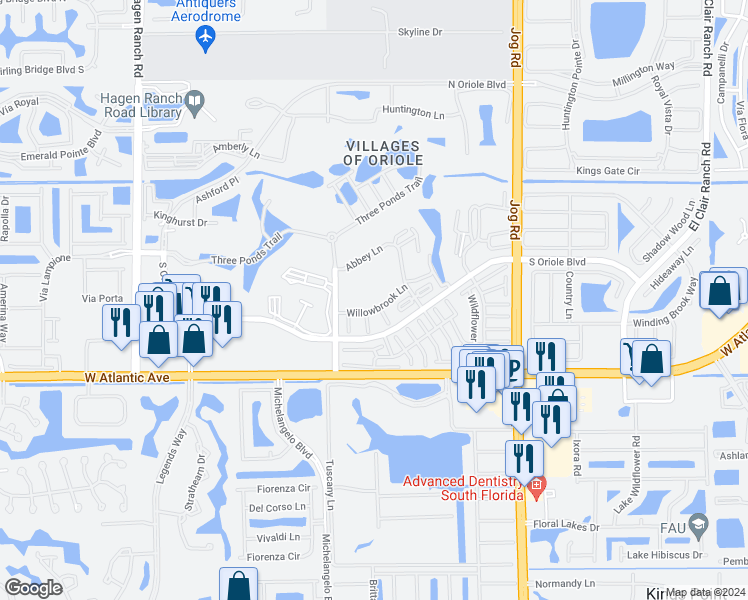 map of restaurants, bars, coffee shops, grocery stores, and more near 17 Willowbrook Lane in Delray Beach