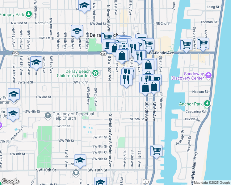 map of restaurants, bars, coffee shops, grocery stores, and more near 264 Southeast 2nd Avenue in Delray Beach