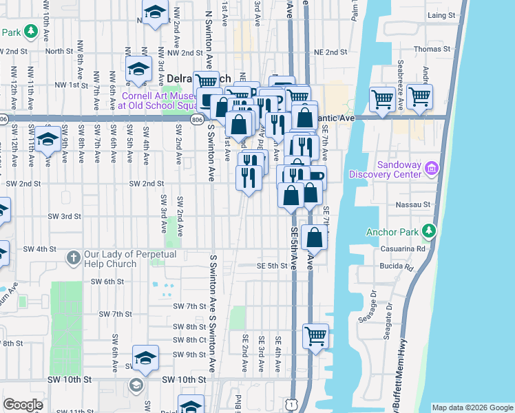 map of restaurants, bars, coffee shops, grocery stores, and more near 236 Southeast 3rd Avenue in Delray Beach