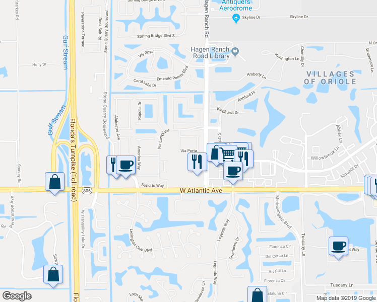 map of restaurants, bars, coffee shops, grocery stores, and more near Via Porta in Delray Beach