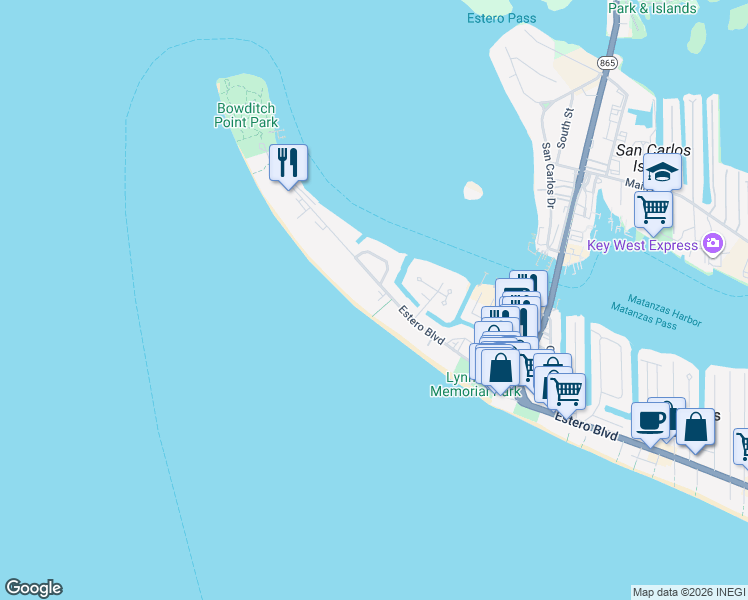 map of restaurants, bars, coffee shops, grocery stores, and more near 582 Estero Boulevard in Fort Myers Beach