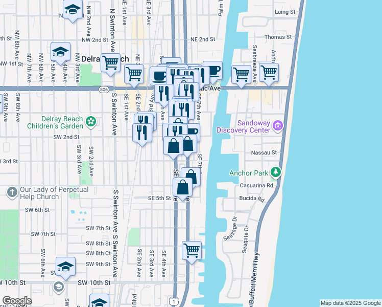 map of restaurants, bars, coffee shops, grocery stores, and more near 285 Southeast 6th Avenue in Delray Beach