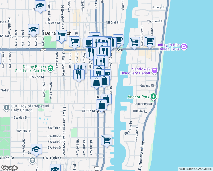 map of restaurants, bars, coffee shops, grocery stores, and more near 276 Southeast 6th Avenue in Delray Beach