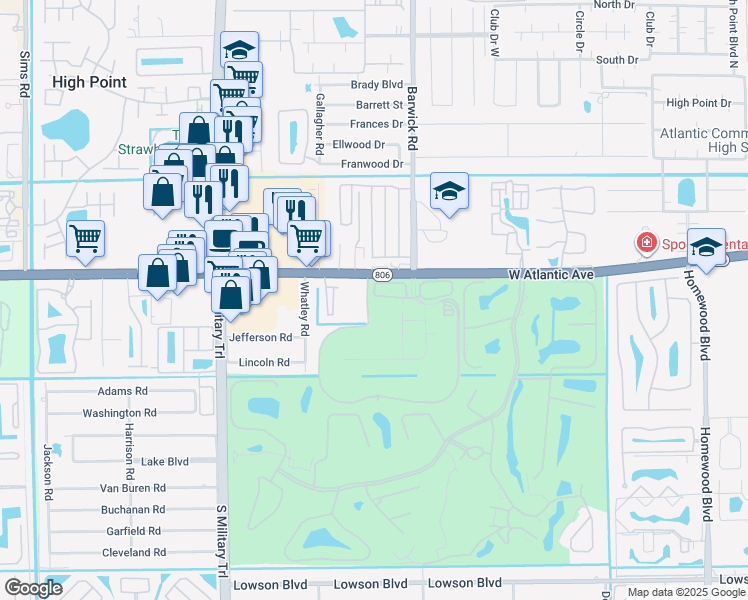 map of restaurants, bars, coffee shops, grocery stores, and more near 4650 West Atlantic Avenue in Delray Beach