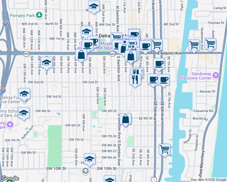 map of restaurants, bars, coffee shops, grocery stores, and more near 221 Southwest 2nd Avenue in Delray Beach