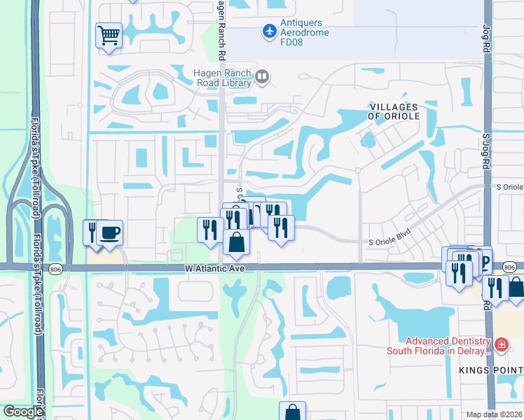 map of restaurants, bars, coffee shops, grocery stores, and more near 7509 South Oriole Boulevard in Delray Beach