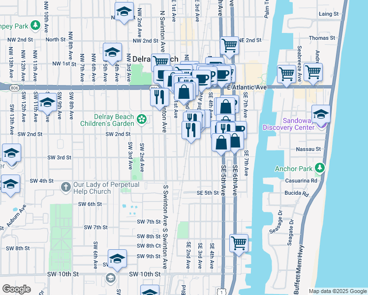 map of restaurants, bars, coffee shops, grocery stores, and more near 264 Southeast 2nd Avenue in Delray Beach