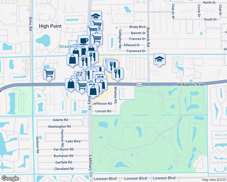 map of restaurants, bars, coffee shops, grocery stores, and more near 14803 Whatley Road in Delray Beach