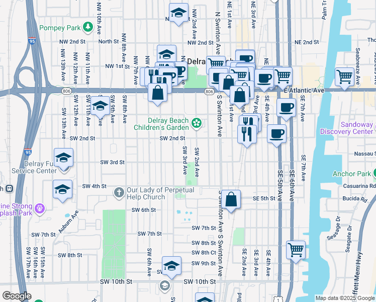 map of restaurants, bars, coffee shops, grocery stores, and more near 227 Southwest 3rd Avenue in Delray Beach