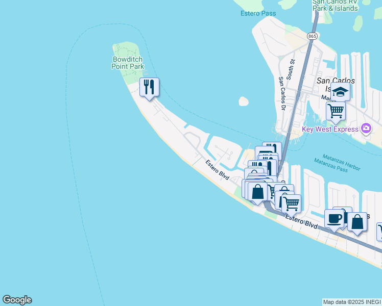 map of restaurants, bars, coffee shops, grocery stores, and more near 582 Estero Boulevard in Fort Myers Beach