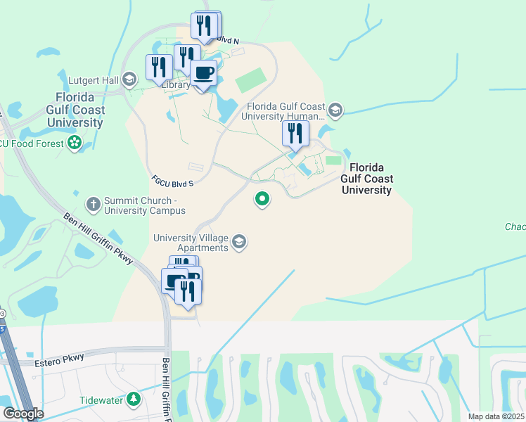 map of restaurants, bars, coffee shops, grocery stores, and more near 10501 FGCU Boulevard South in Fort Myers