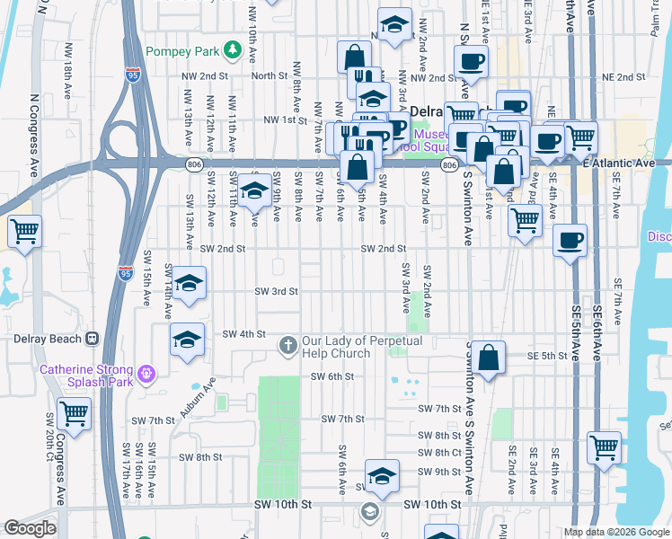 map of restaurants, bars, coffee shops, grocery stores, and more near 229 Southwest 6th Avenue in Delray Beach