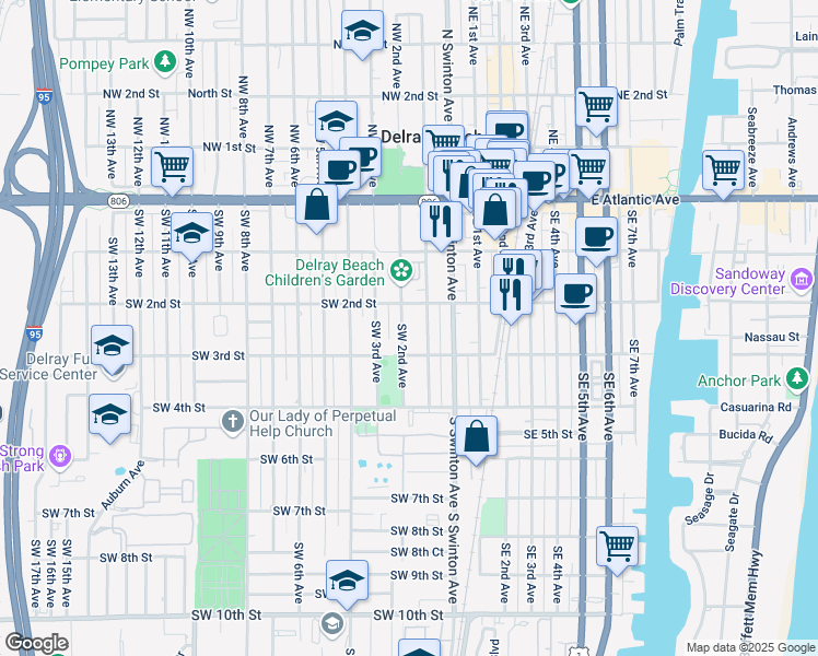 map of restaurants, bars, coffee shops, grocery stores, and more near 221 Southwest 2nd Avenue in Delray Beach