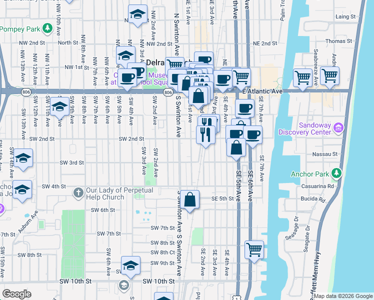 map of restaurants, bars, coffee shops, grocery stores, and more near 214 Southeast 1st Avenue in Delray Beach